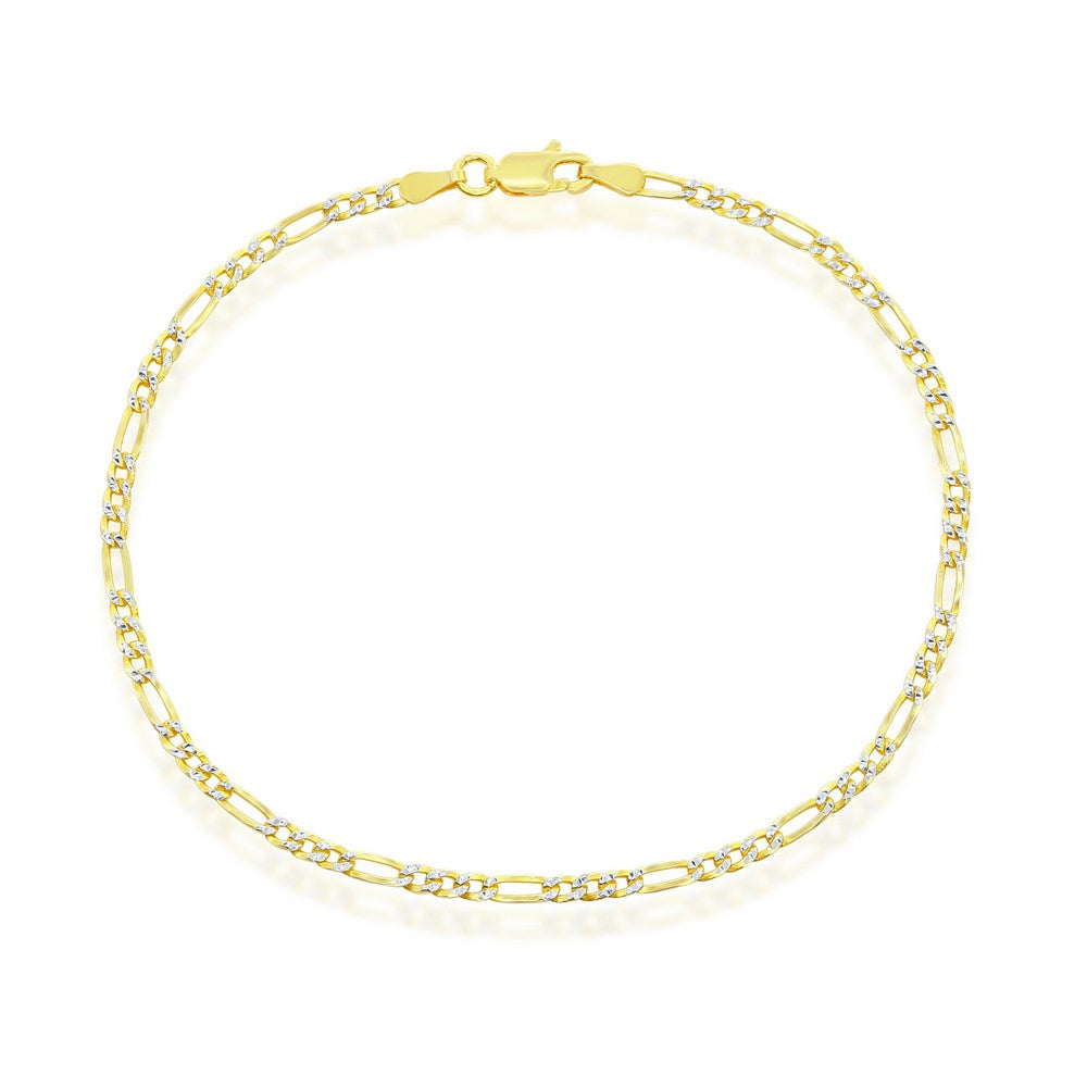 Sterling Silver 2.5mm Pave Figaro Anklet - Gold Plated