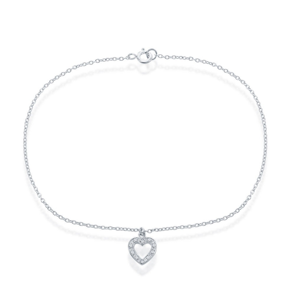 Sterling Silver Anklet W/ Hanging CZ Heart