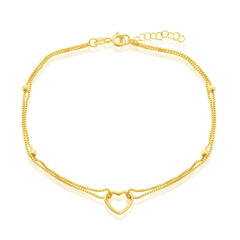 Sterling Silver Double Strand Brought Together W/ Open Heart Anklet - Gold Plated