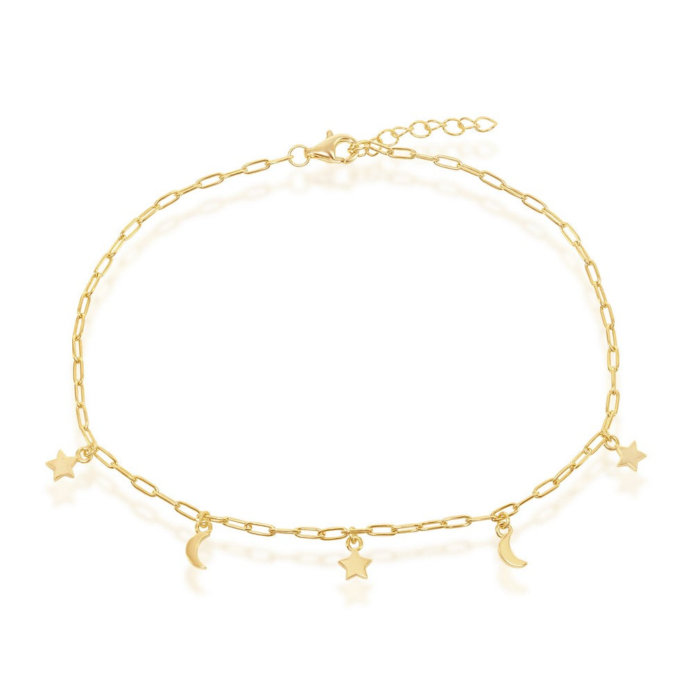 Sterling Silver Moon & Star Charms Paperclip Anklet - Gold Plated