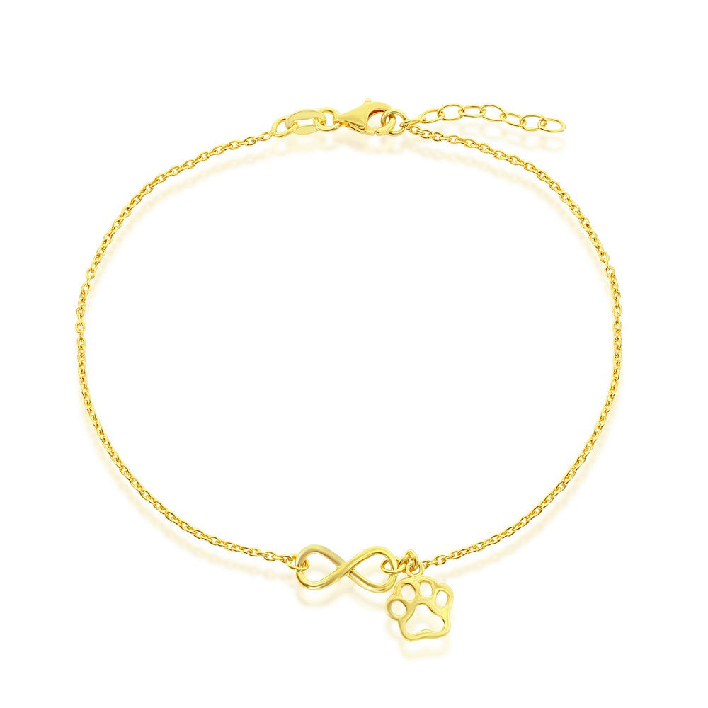 Sterling Silver Infinity with Paw Print Charm Anklet - Gold Plated