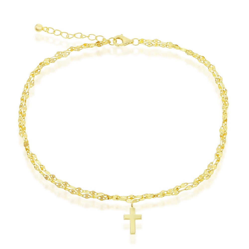 Sterling Silver Double Strand Mirror Chain w/ Cross Charm Anklet - Gold Plated
