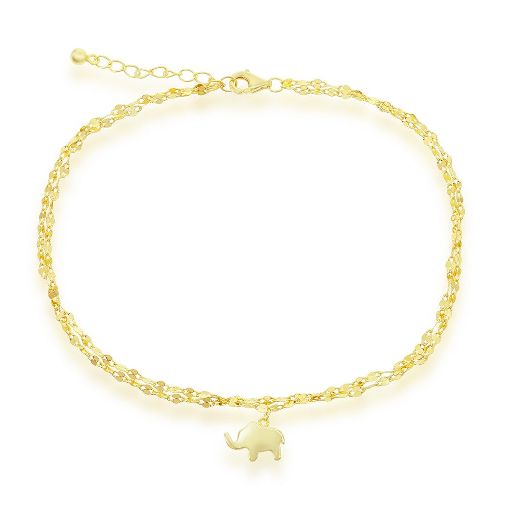 Sterling Silver Double Strand Mirror Chain w/ Elephant Charm Anklet - Gold Plated