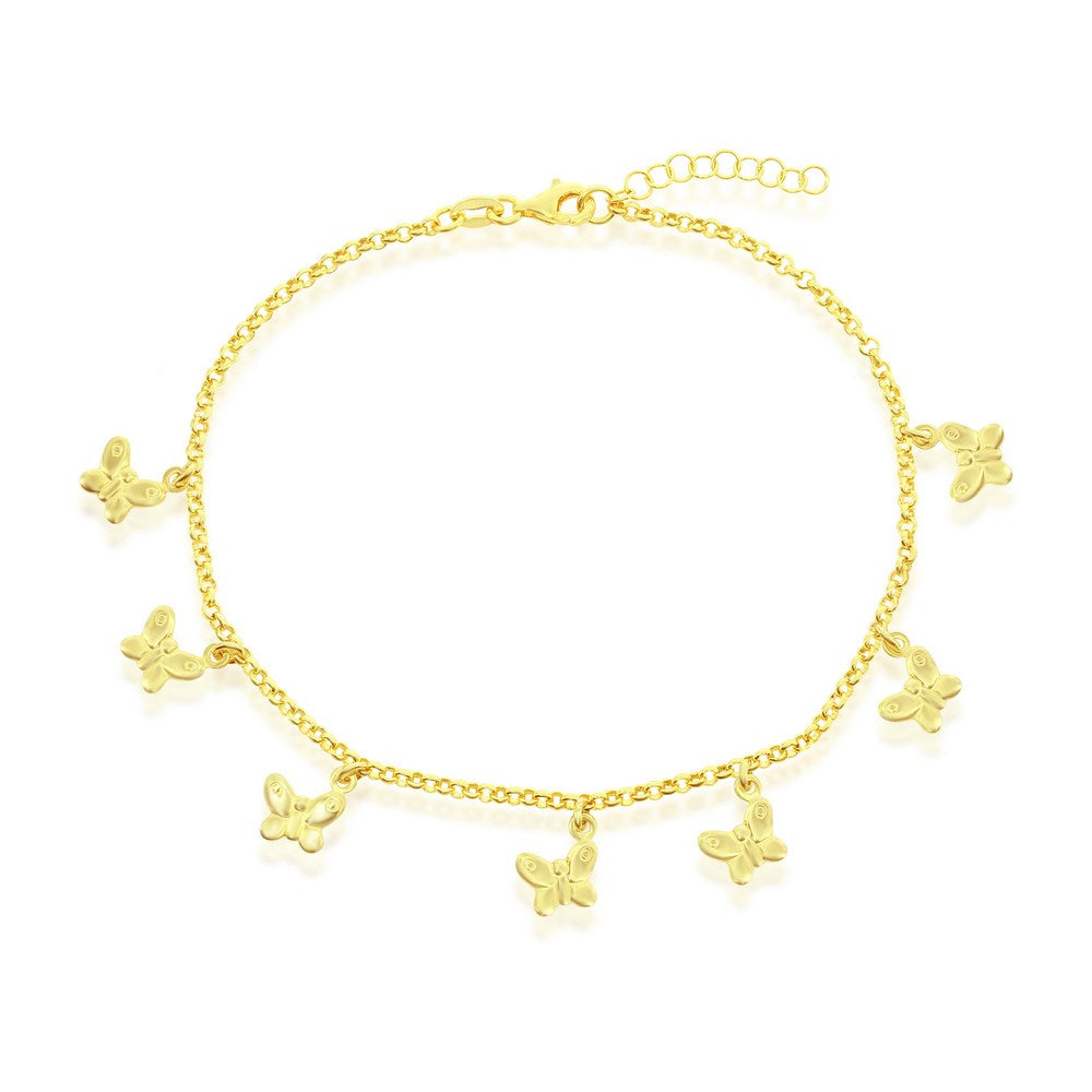 Sterling Silver Butterfly Charm Rolo Chain Anklet - Gold Plated