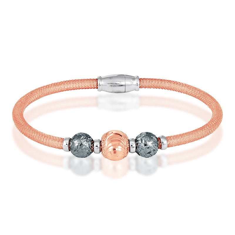 Sterling Silver Rose-Gold Mesh with D-C Beads Magnetic Lock Bracelet