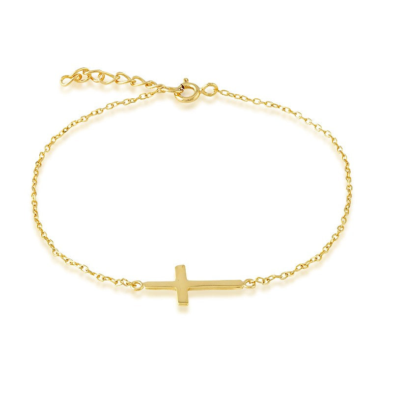 Sterling Silver Small Sideways Cross Bracelet - Gold Plated