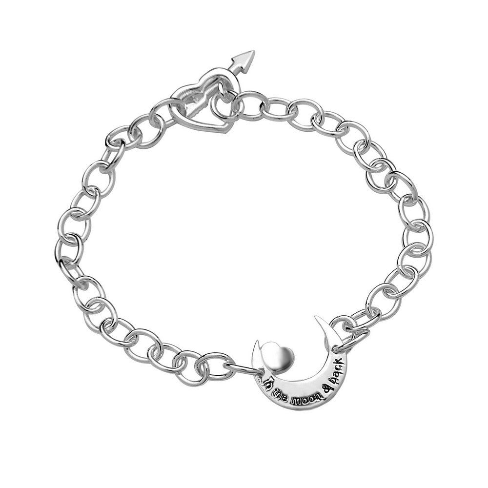 Sterling Silver Crescent with Heart "To The Moon and Back" with Heart and Arrow Toggle Bracelet
