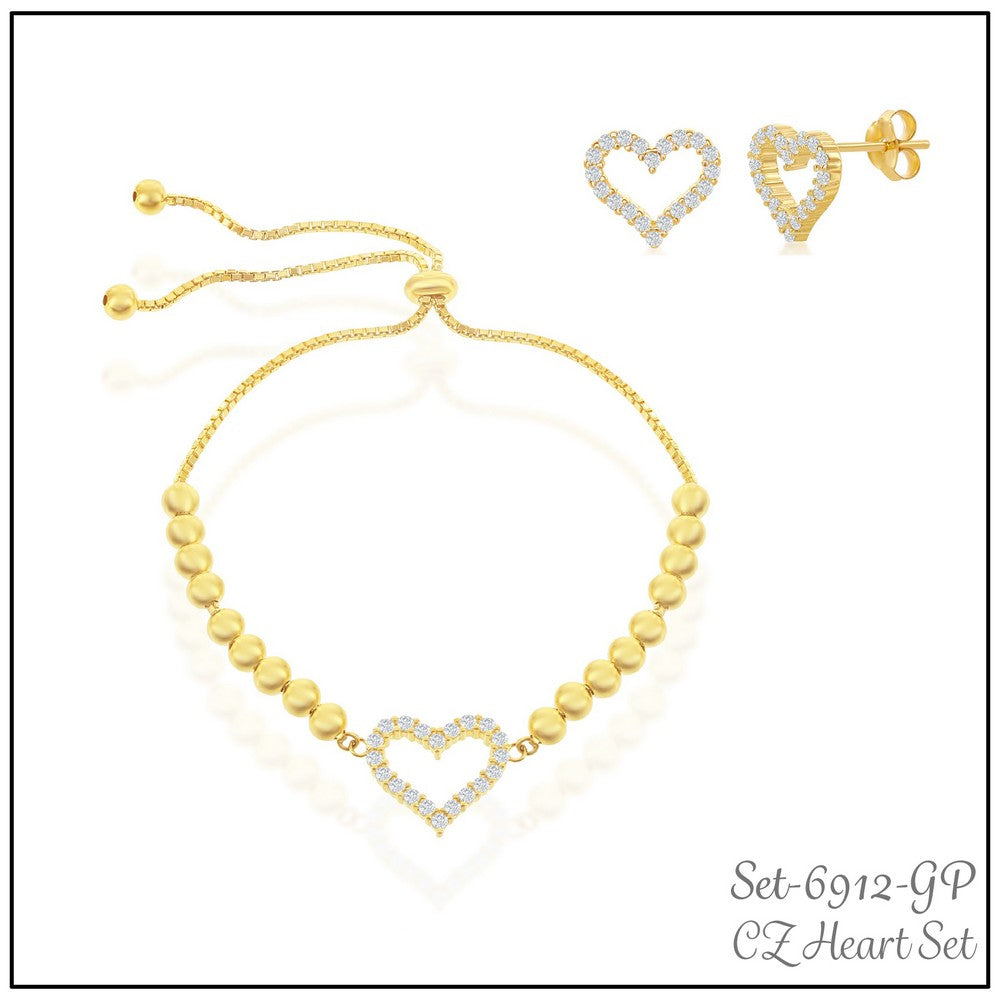 Sterling Silver CZ Heart Bracelet and Earrings Set - Gold Plated