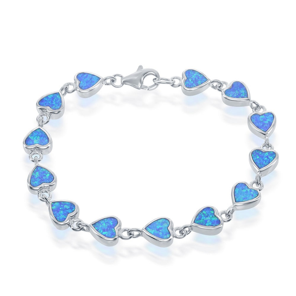 Sterling Silver Small Blue Inlay Opal Hearts Link Bracelet
