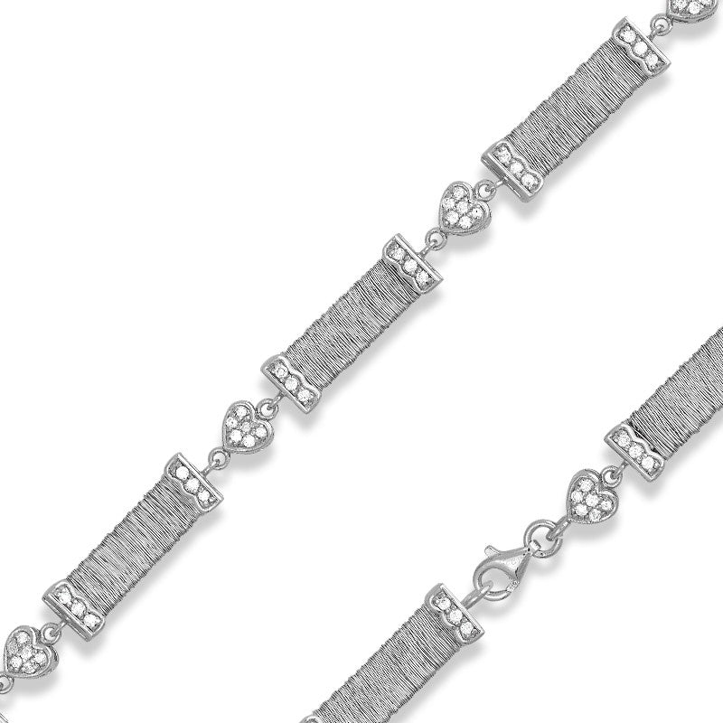 Sterling Silver 7.5" "Threaded" Bars w/ CZ Hearts Bracelets