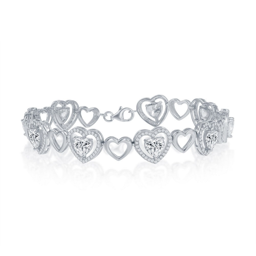 Sterling Silver Heart Alternating w/Micro Pave Hearts w/CZ Center Bracelet