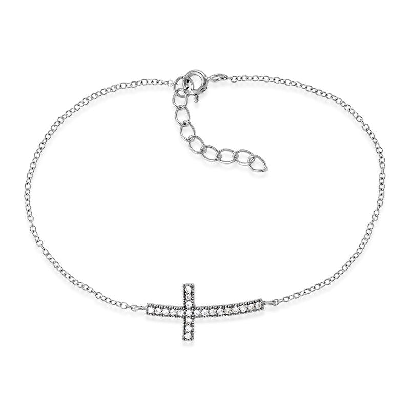 Sterling Silver Micro Pave Curved Sideways Cross Bracelet