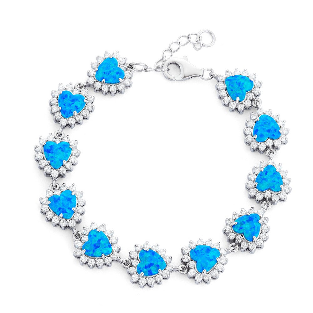 Sterling Silver Blue Inlay Opal Hearts with CZ Border Link Bracelet