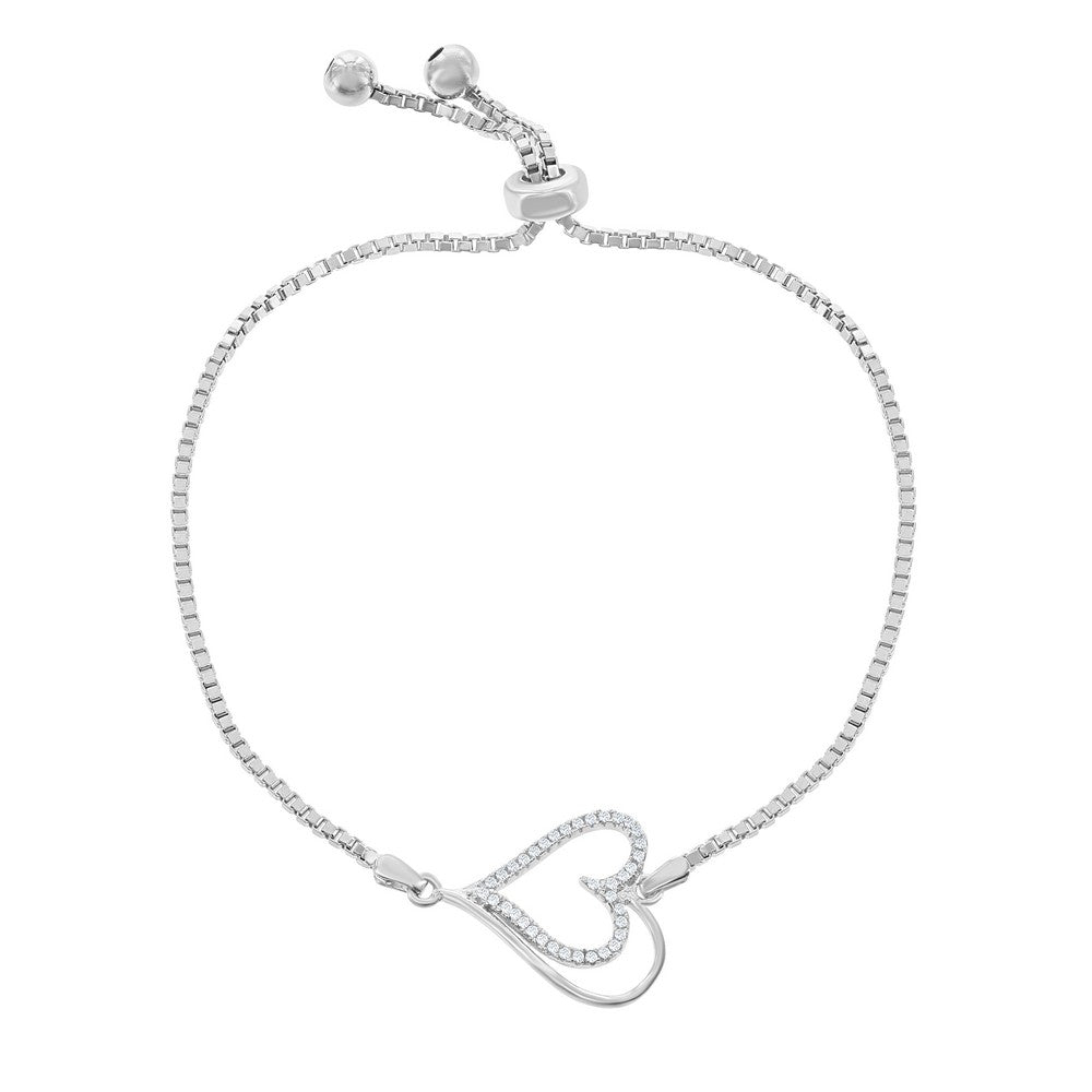 Sterling Silver Box Chain with Center Open CZ Heart with Beads Adjustable Bolo Bracelet