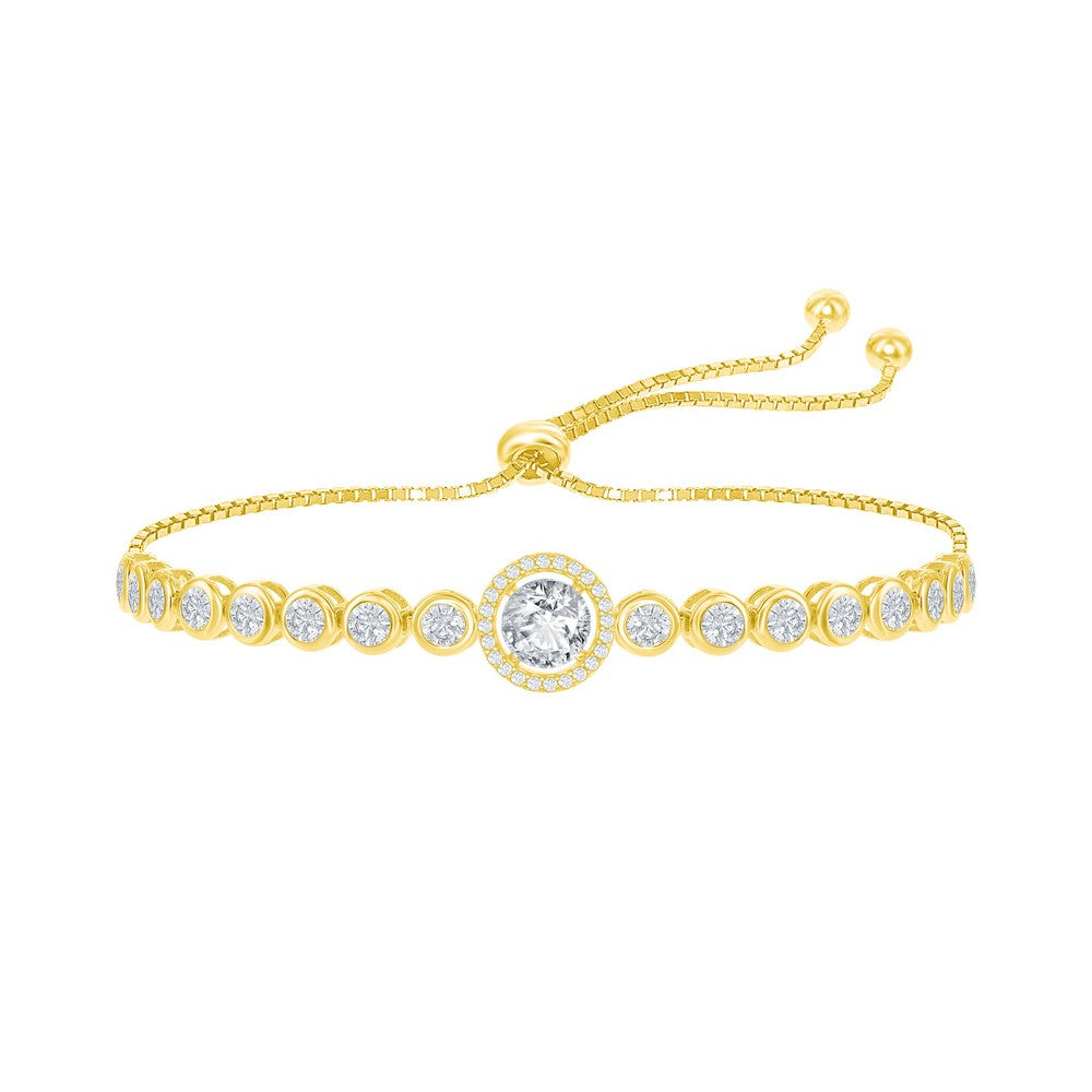 Sterling Silver Round CZ Halo Bezel-Set CZ Adjustable Bolo Bracelet - Gold Plated