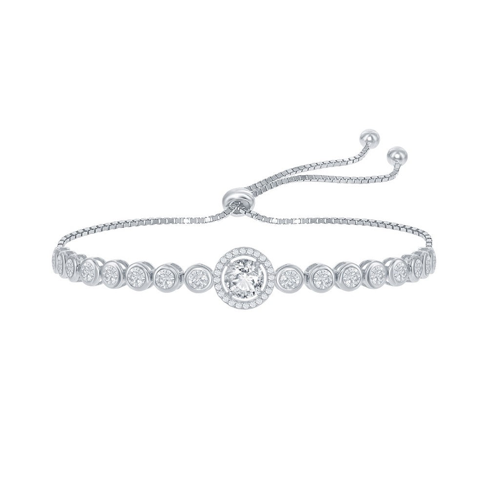 Sterling Silver Round CZ Halo Bezel-Set CZ Adjustable Bolo Bracelet
