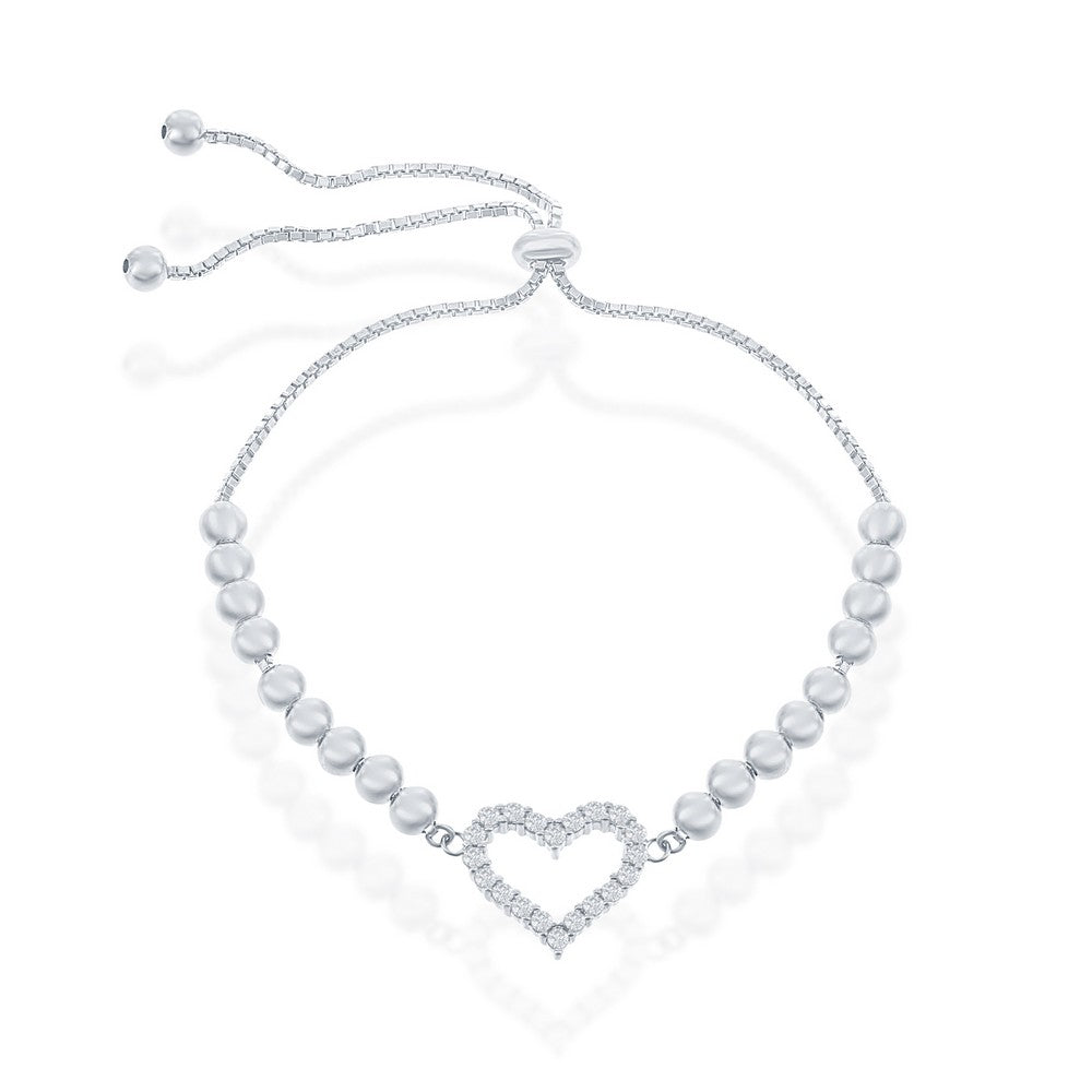 Sterling Silver CZ Heart Beaded Adjustable Bolo Bracelet - Rhodum Plated