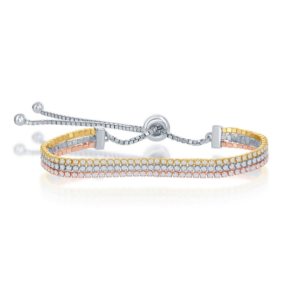 Sterling Silver Three Strand Tennis Adjustable Bolo Bracelet - Tri-Color