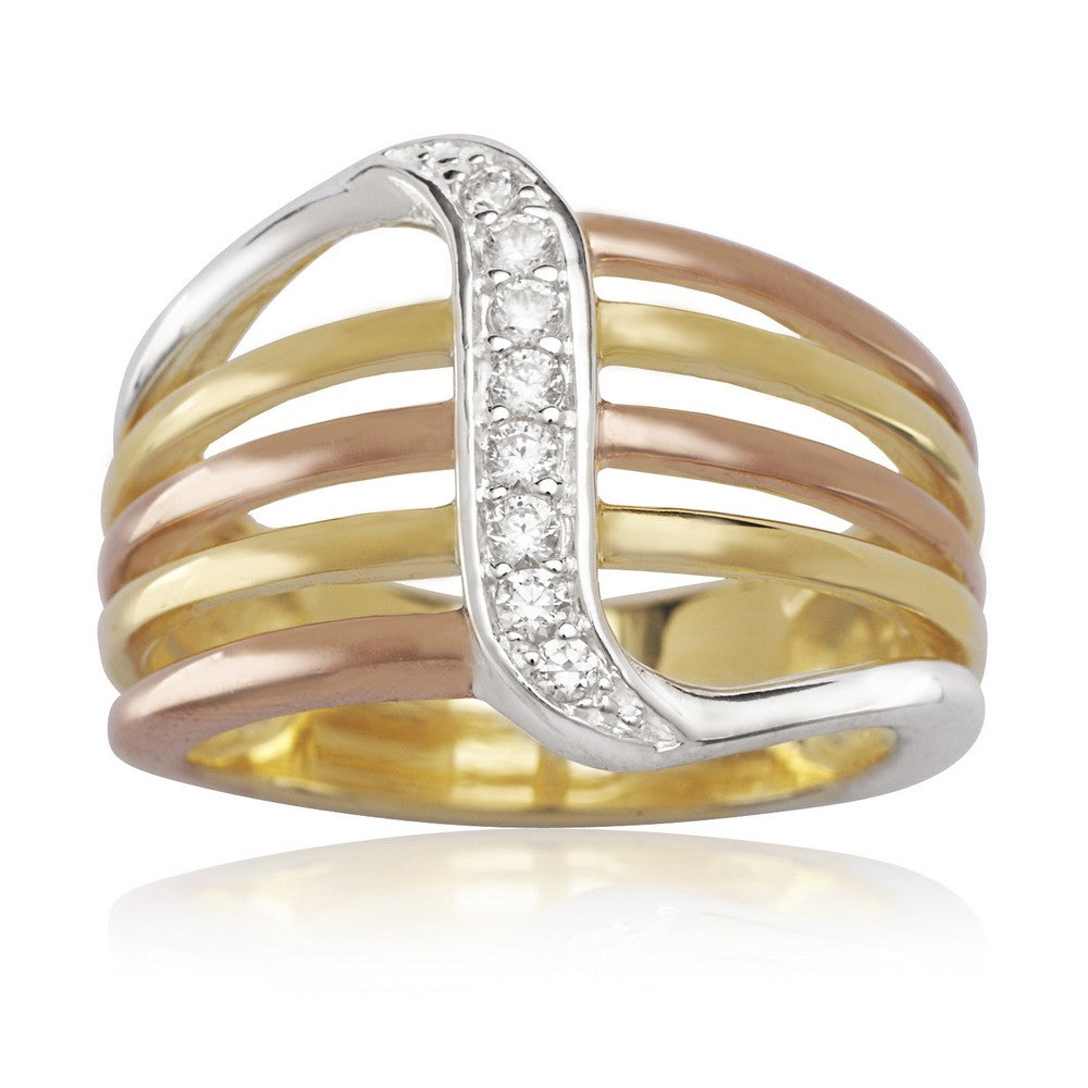 Sterling Silver Tri Tone Multiple Band CZ Wave Ring