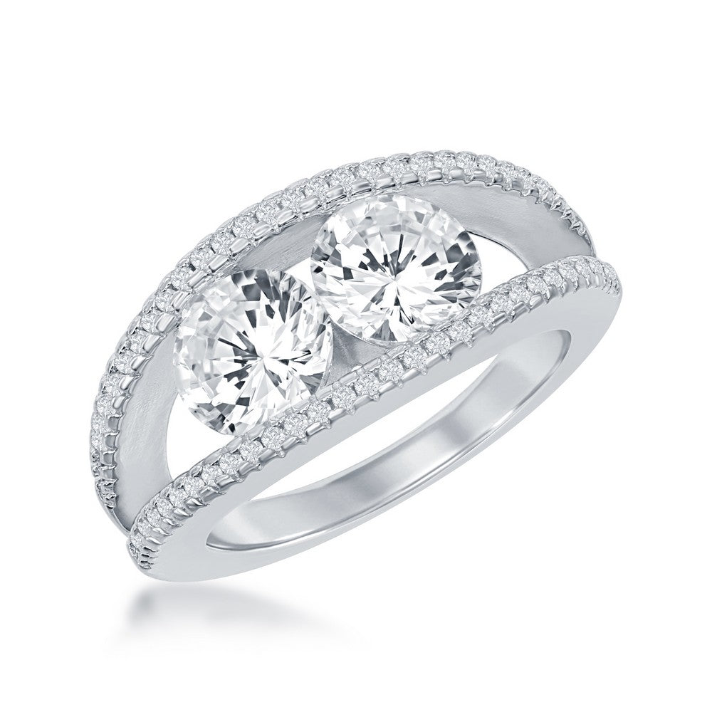 Sterling Silver "Us2gether" Double Band with Center Two-Stone CZ's Ring