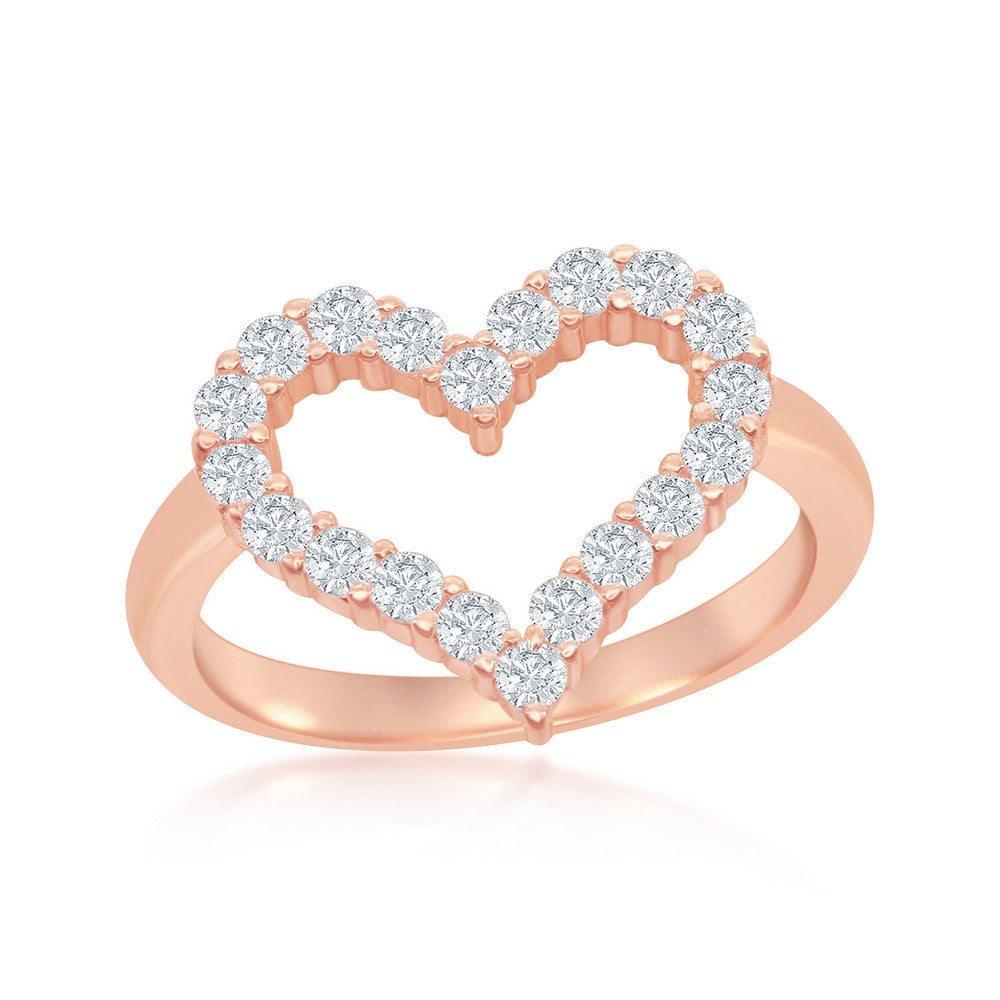 Sterling Silver Open Heart Cubic Zirconia Ring - Rose Gold Plated