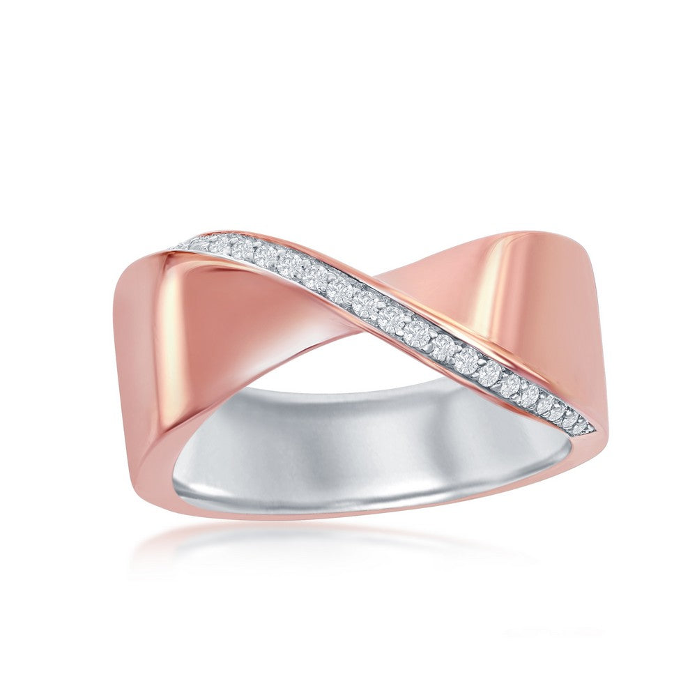 Sterling Silver Two-Tone Rose Gold Plated CZ Lining 'X' Ring