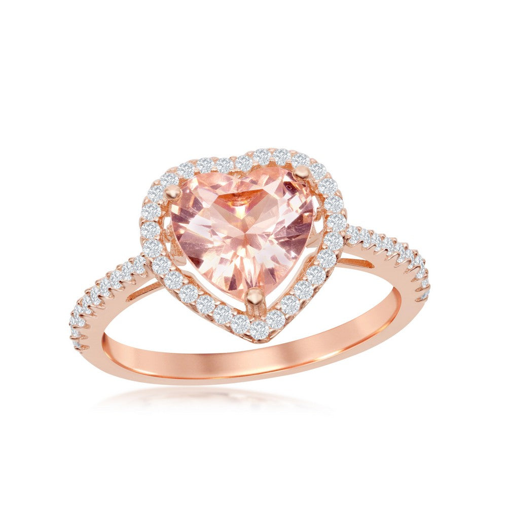 Sterling Silver Heart Morganite CZ with White CZ Border Ring - Rose Gold Plated