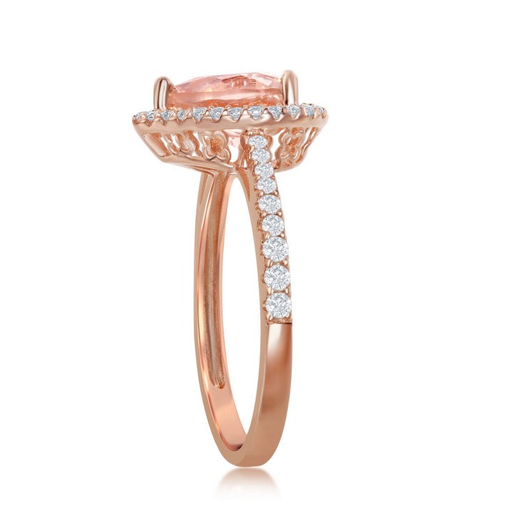 Sterling Silver Heart Morganite CZ with White CZ Border Ring - Rose Gold Plated