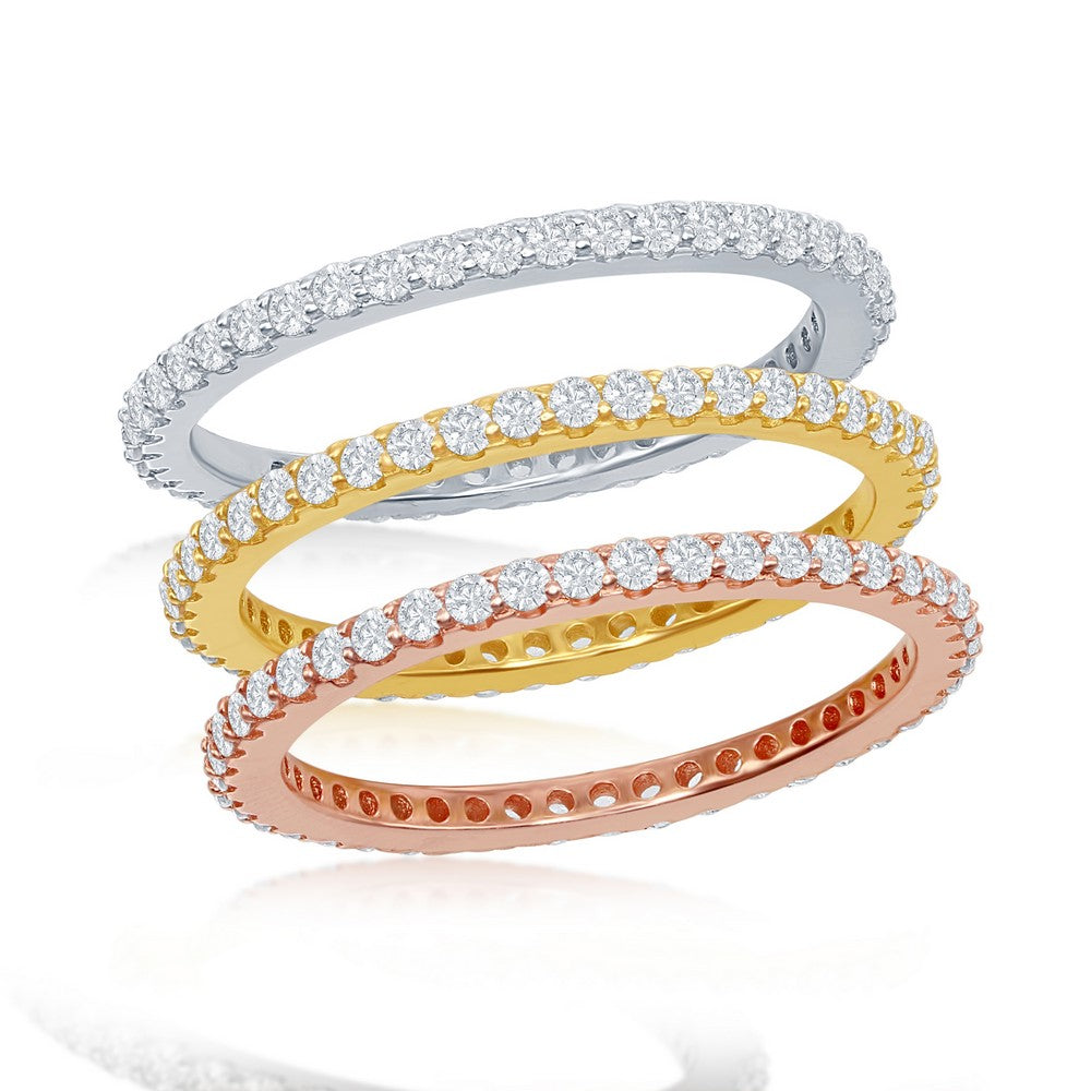 Sterling Silver Tri-Color Prong Clear CZ 1.5mm Eternity Triple Band Ring