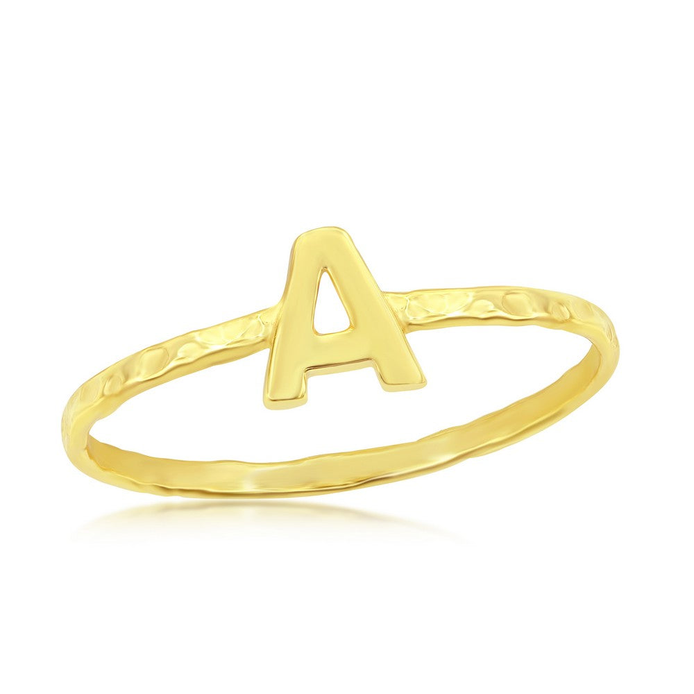 Sterling Silver 'A' Initial Hammered Band Ring - Gold Plated