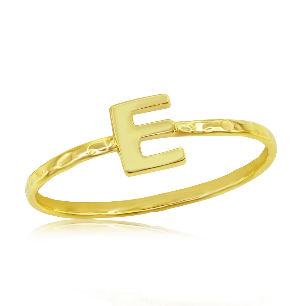 Sterling Silver 'E' Initial Hammered Band Ring - Gold Plated