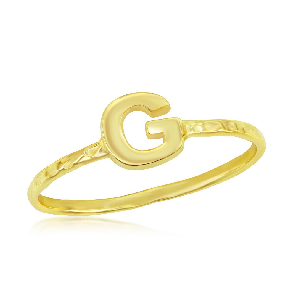 Sterling Silver 'G' Initial Hammered Band Ring - Gold Plated
