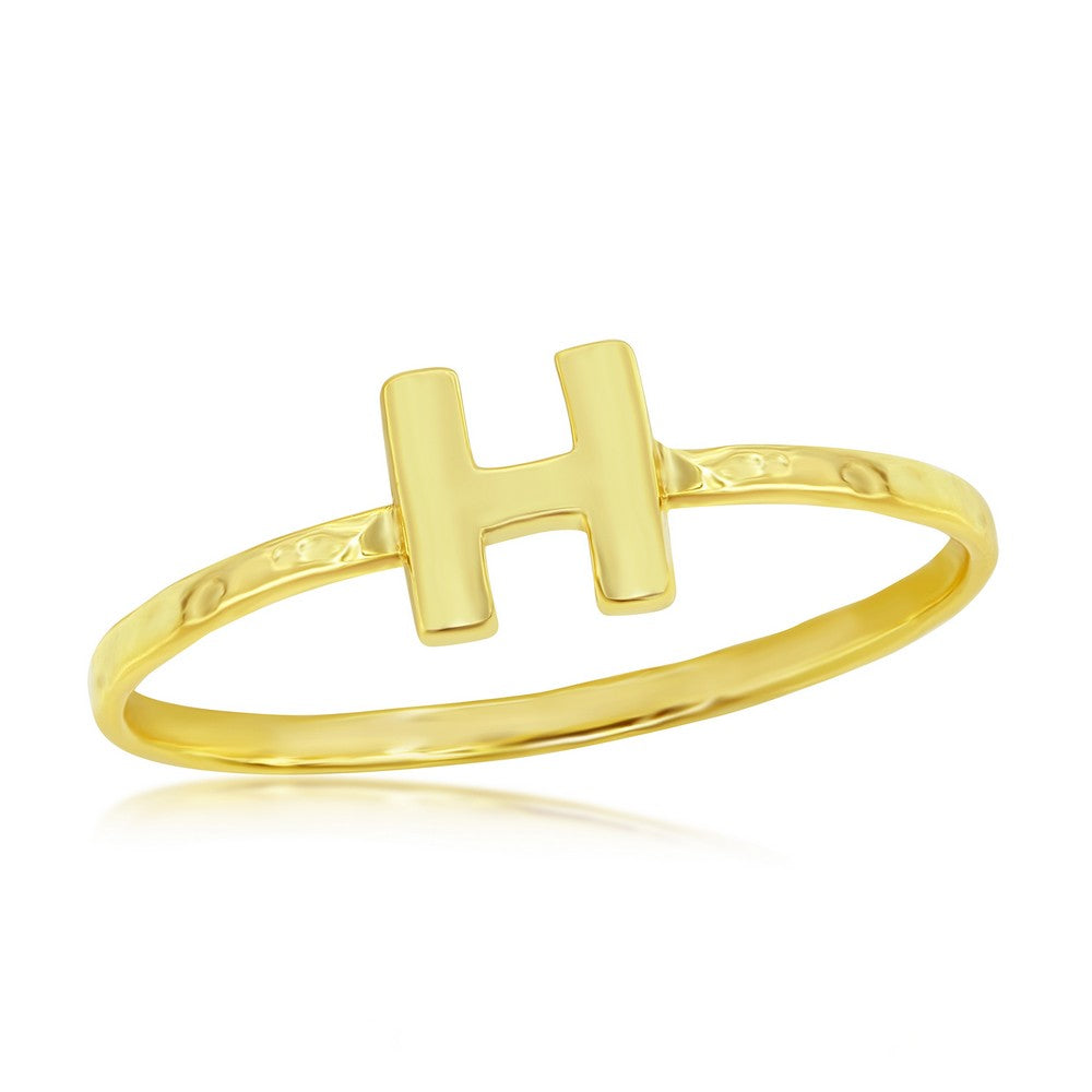 Sterling Silver 'H' Initial Hammered Band Ring - Gold Plated