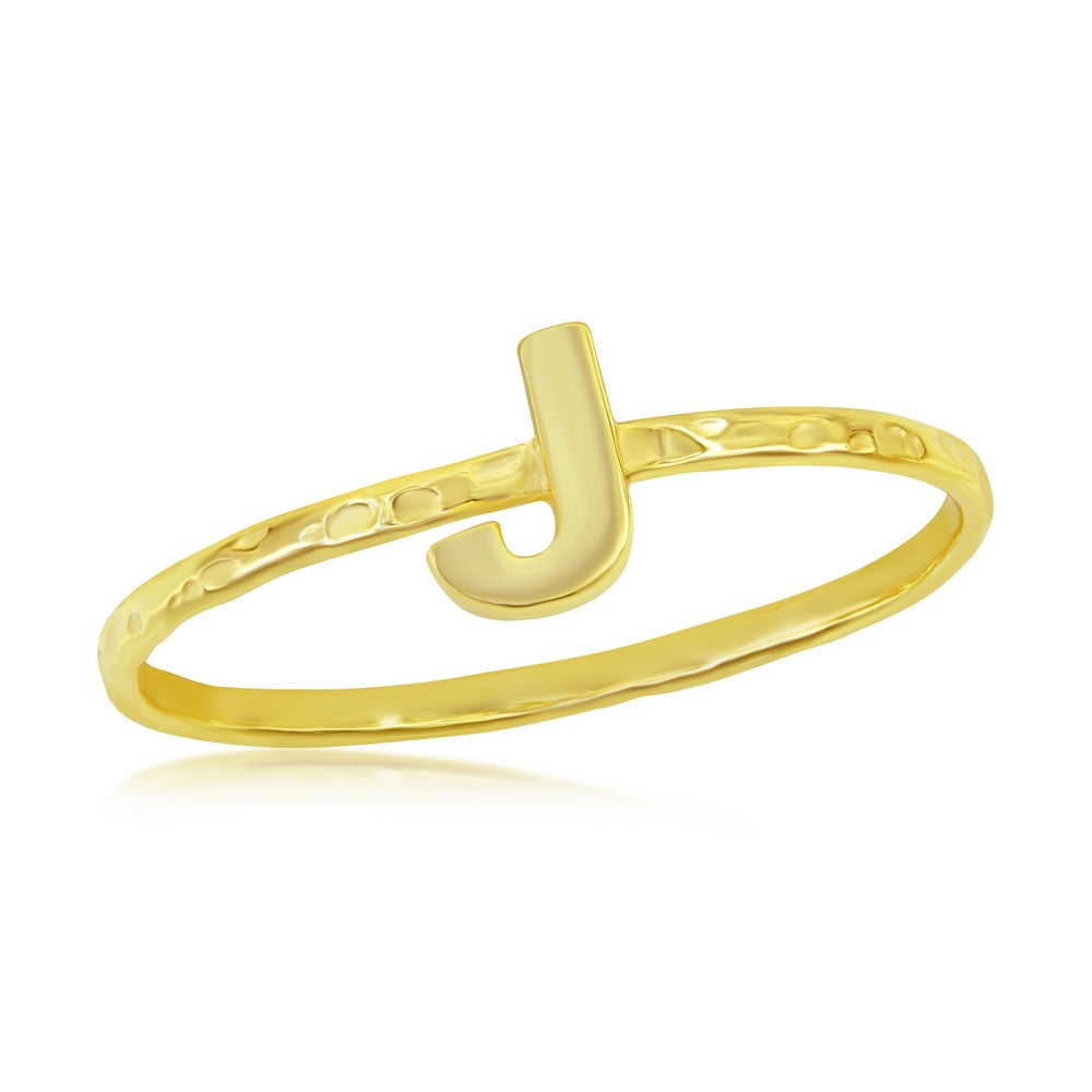 Sterling Silver 'J' Initial Hammered Band Ring - Gold Plated