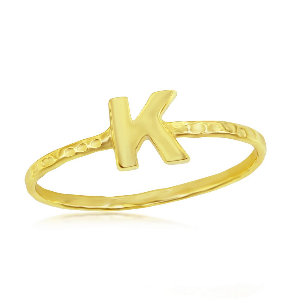 Sterling Silver 'K' Initial Hammered Band Ring - Gold Plated
