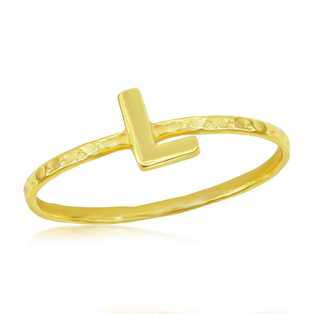 Sterling Silver 'L' Initial Hammered Band Ring - Gold Plated