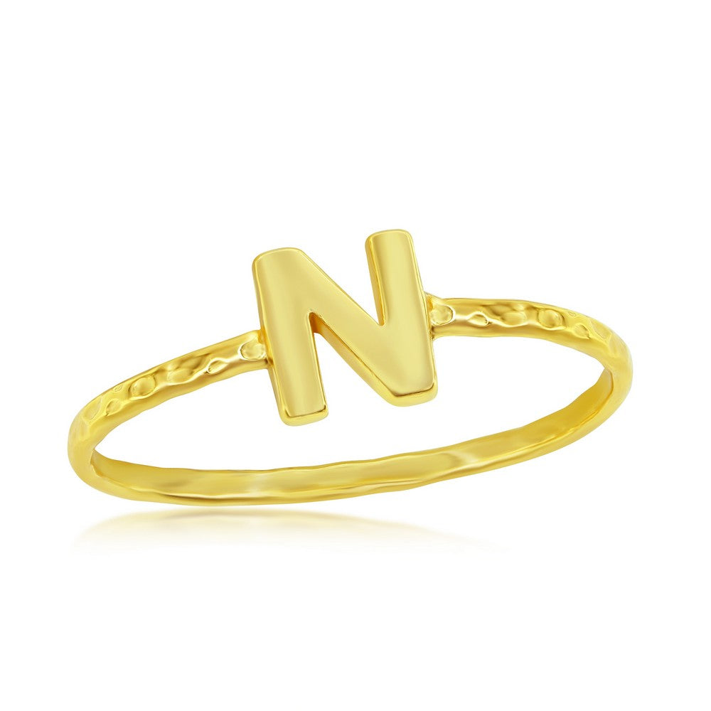 Sterling Silver 'N' Initial Hammered Band Ring - Gold Plated