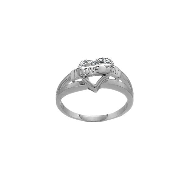 Sterling Silver "I Love You" Banner over CZ Heart Ring