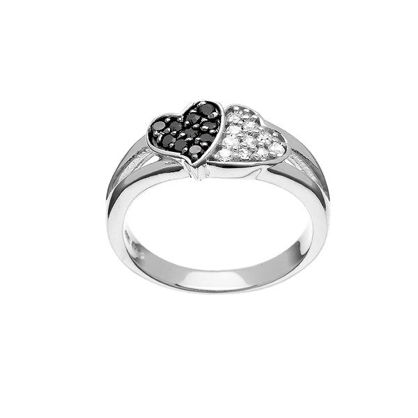 Sterling Silver Clear and Black CZ w/ Black Rhodium Plating Double Heart Ring