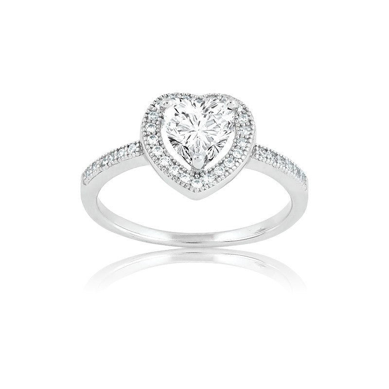 Sterling Silver Center Heart CZ and Micro Pave Ring