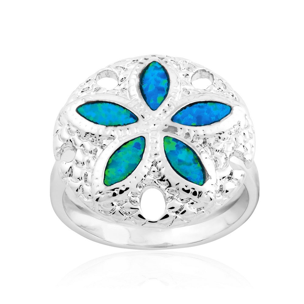 Sterling Silver Sand Dollar w/Blue Inlay Opal Ring