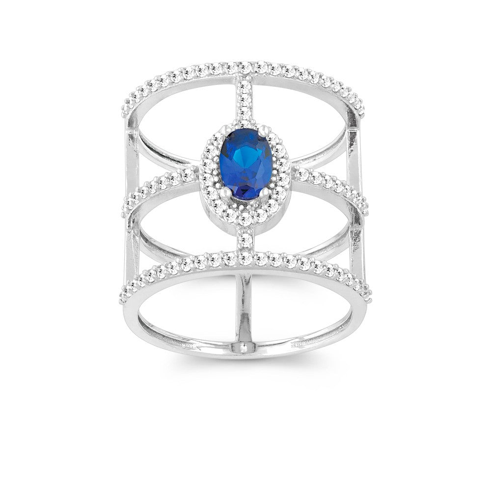 Sterling Silver Wide CZ Triple Row with Center Blue Oval CZ Ring