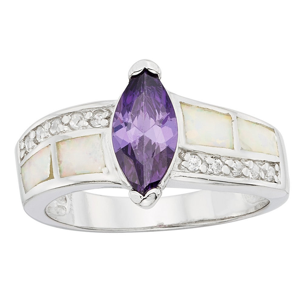 Sterling Silver CZ, White Inlay Opal and Marquise Purple CZ Ring