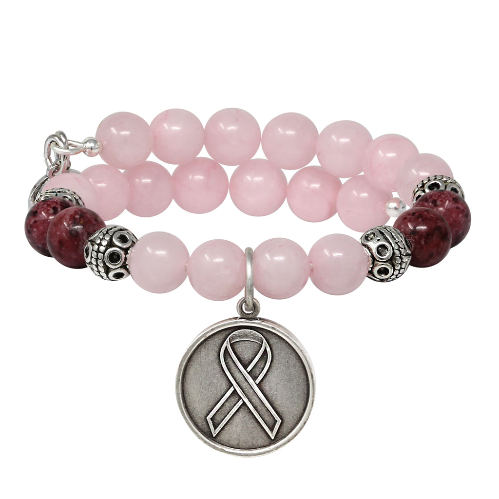 Awareness Ribbon & Rose Quartz Beaded Charm Wrap