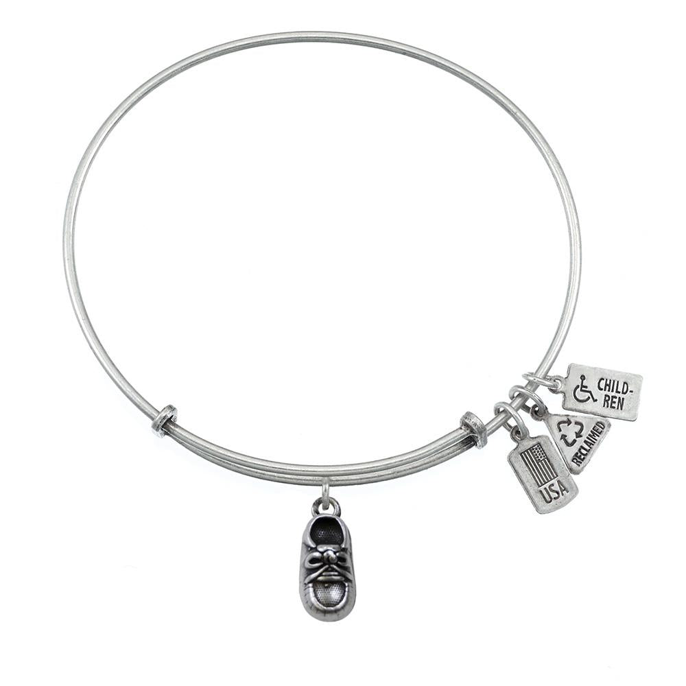 Wind & Fire - 3D Baby Shoe Charm Expandable Bracelet - Silver Tone