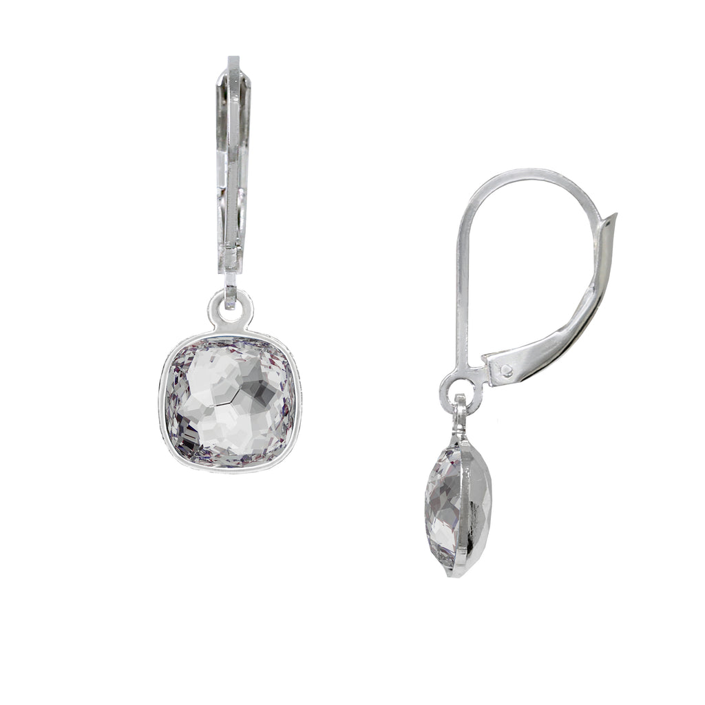 April/White Crystal 8mm Cushion Leverback Earrings