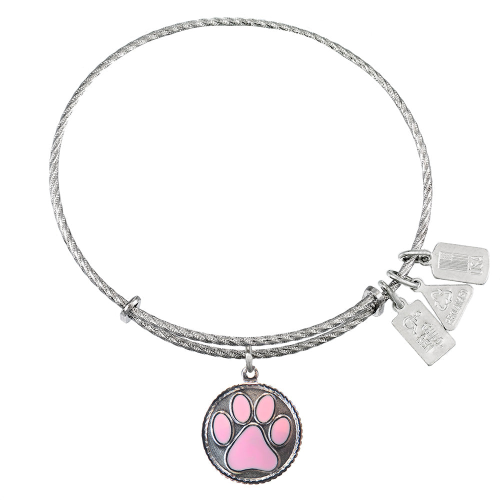 Paw Print, Pink Enamel Sterling Silver Charm Bangle