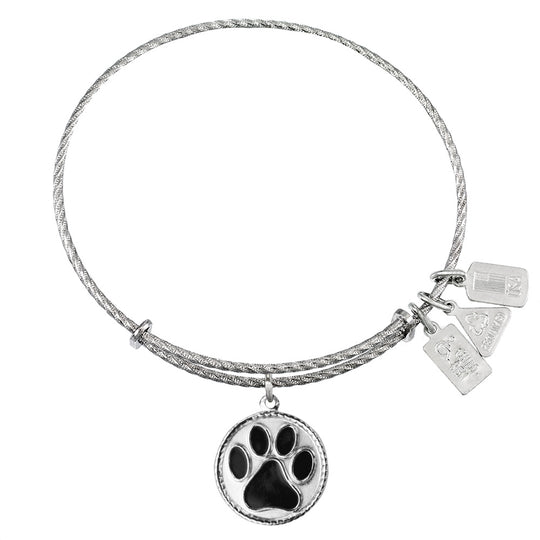 Paw Print, Black Enamel Sterling Silver Charm Bangle