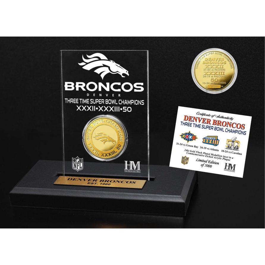 Denver Broncos 3-Time Super Bowl Champions Gold Coin Etched