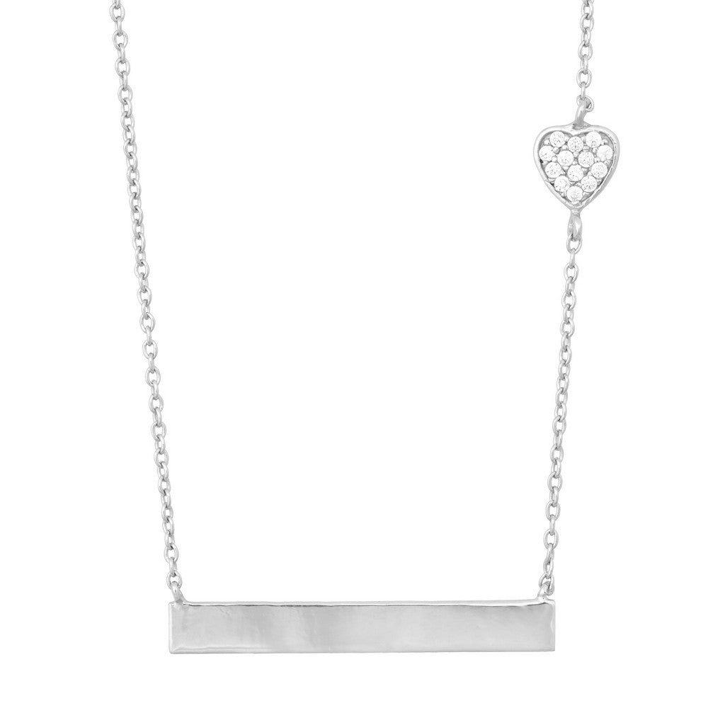 Sterling Silver Small CZ Heart with Flat Plate Necklace